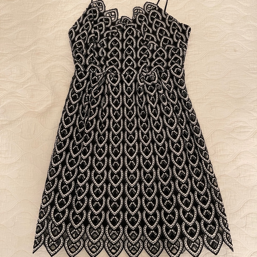 Crimson scalloped embroidered spaghetti strap cocktail dress